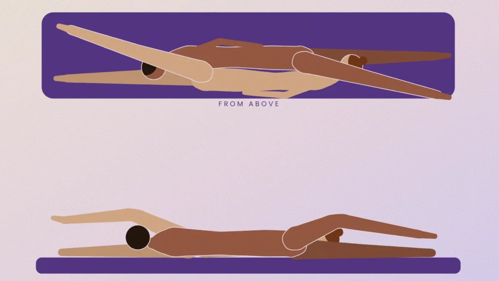 Illustration of a 69 with both partners lying on their sides, each head resting on the other's bottom leg