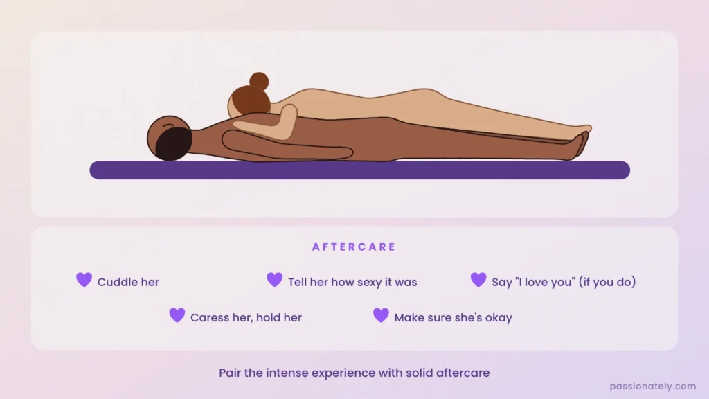 Couple cuddling in bed with an aftercare checklist: cuddle her, tell her how sexy it was, hold her, make sure she is okay