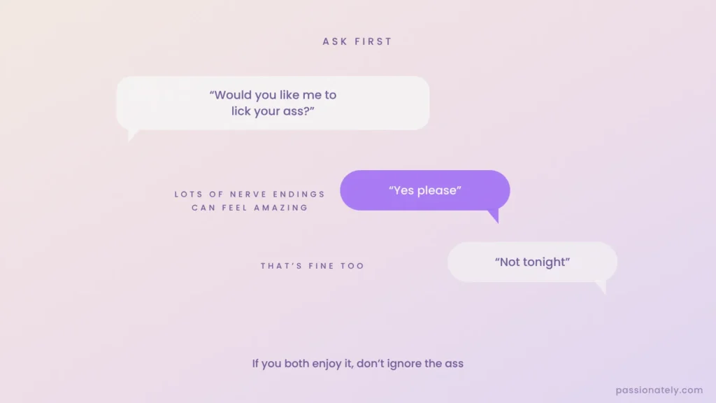 Speech bubbles asking her before licking her ass, with yes and not tonight answers