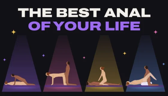 Four couples under spotlights showing beginner anal positions: lying on her belly, doggy, woman on top and missionary with a pillow