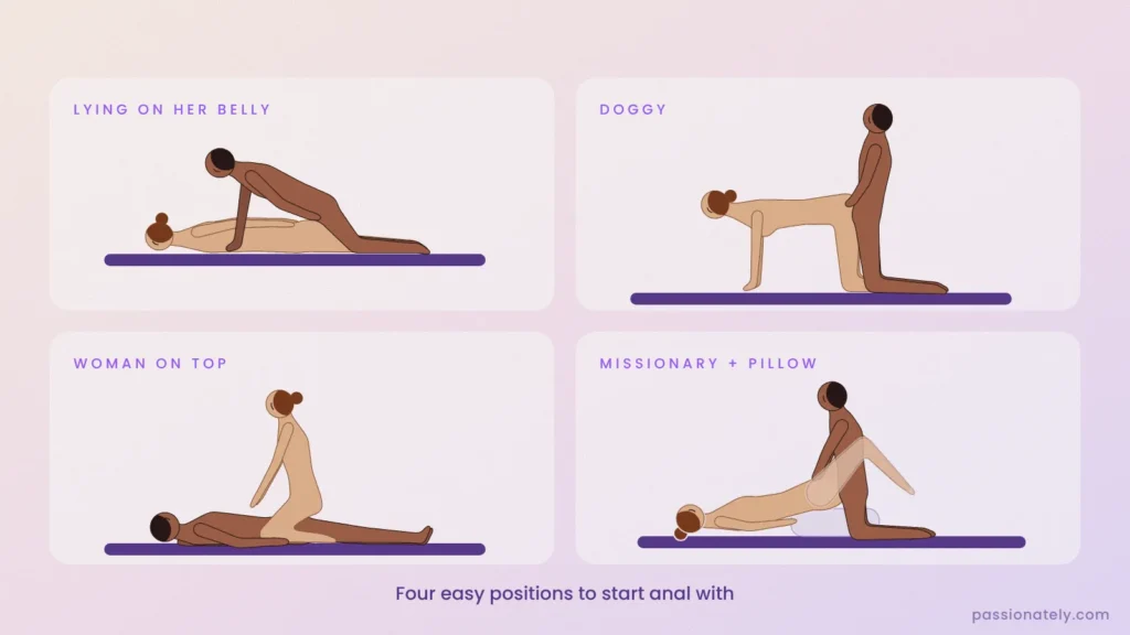 Four starter anal positions: lying on her belly, doggy, woman on top and missionary with a pillow
