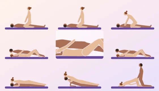 Illustrated grid of sex positions for female orgasm: cowgirl, missionary grinding, reverse missionary and doggy style