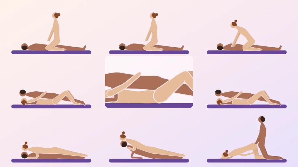 Illustrated grid of sex positions for female orgasm: cowgirl, missionary grinding, reverse missionary and doggy style