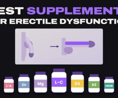 Best supplements for erectile dysfunction: a flaccid penis next to an erect penis above seven supplement bottles
