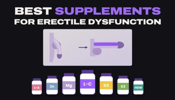Best supplements for erectile dysfunction: a flaccid penis next to an erect penis above seven supplement bottles