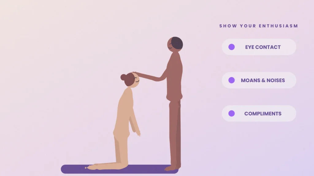 Illustration of a kneeling woman smiling up at her partner, with labels for eye contact, moans and compliments