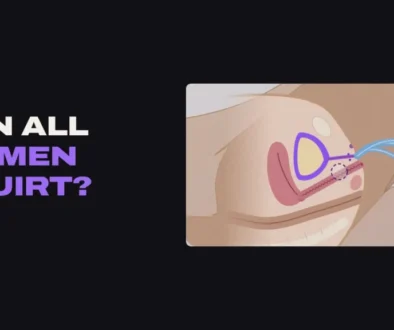 Cross-section of the female pelvis with fluid squirting from the urethra, with the title Can all women squirt?