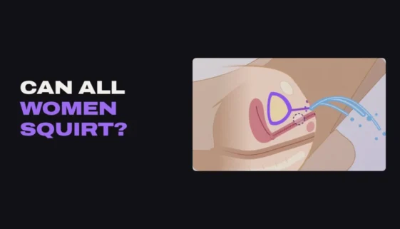 Cross-section of the female pelvis with fluid squirting from the urethra, with the title Can all women squirt?