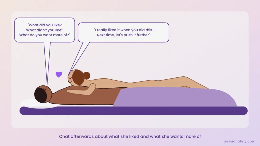 Couple cuddling in bed chatting about what she liked and what she wants more of