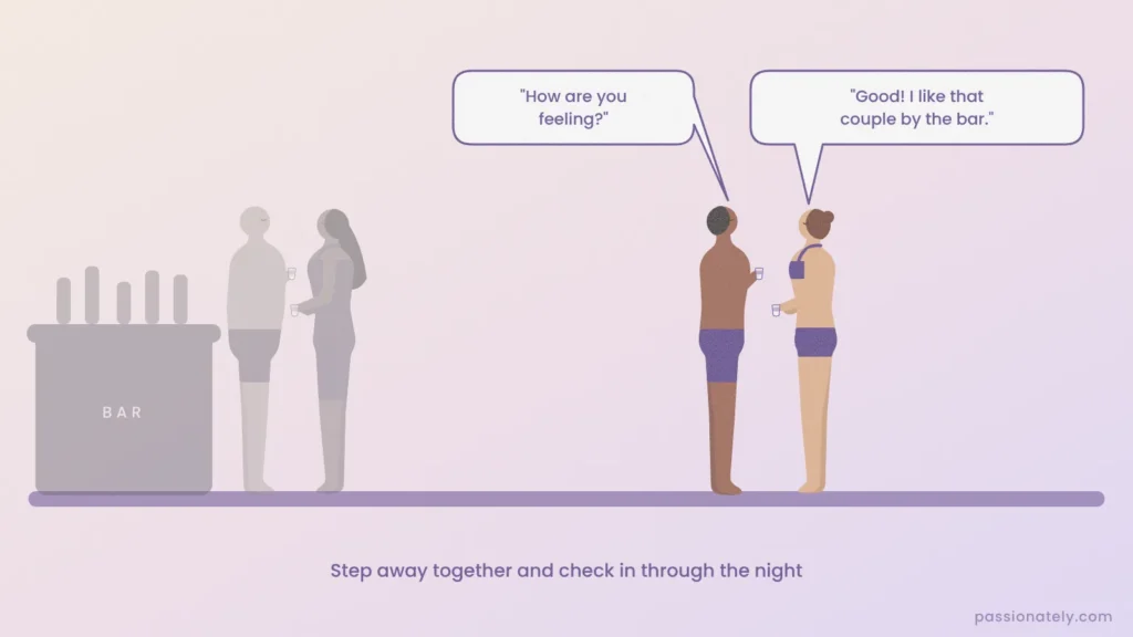 Illustration of a couple stepping away from the crowd at a swingers club to check in with each other