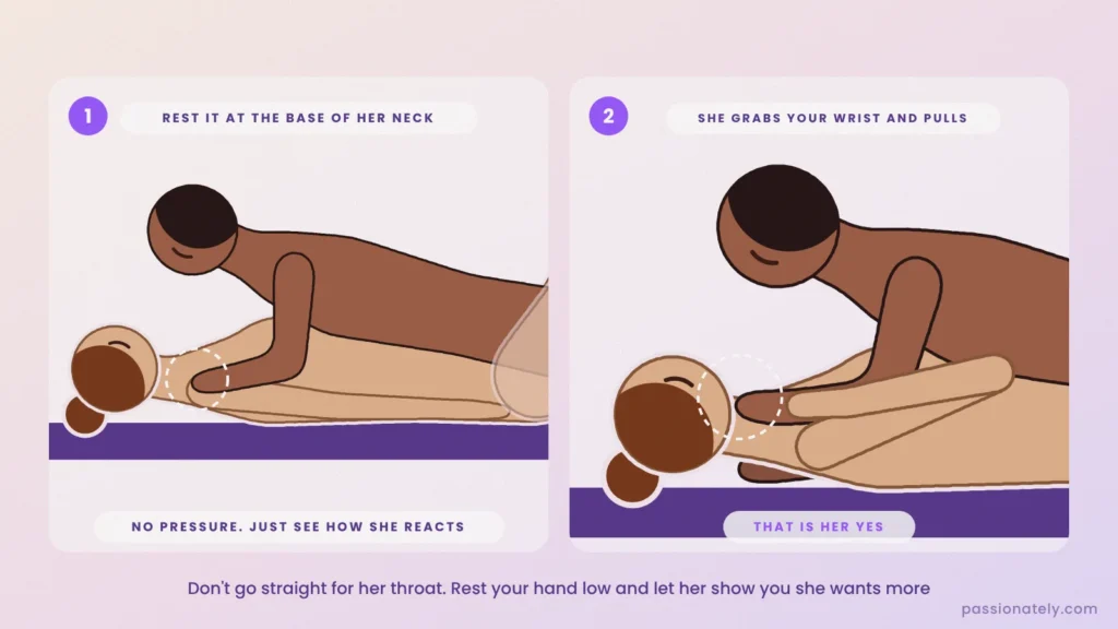 Two-panel illustration: his hand resting at the base of her neck, then her grabbing his wrist and pulling it to her throat