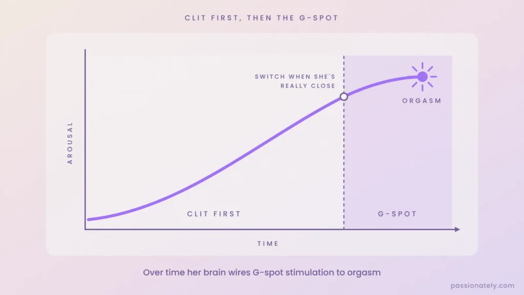 Graph of arousal rising with clit stimulation, then switching to G-spot stimulation just before orgasm