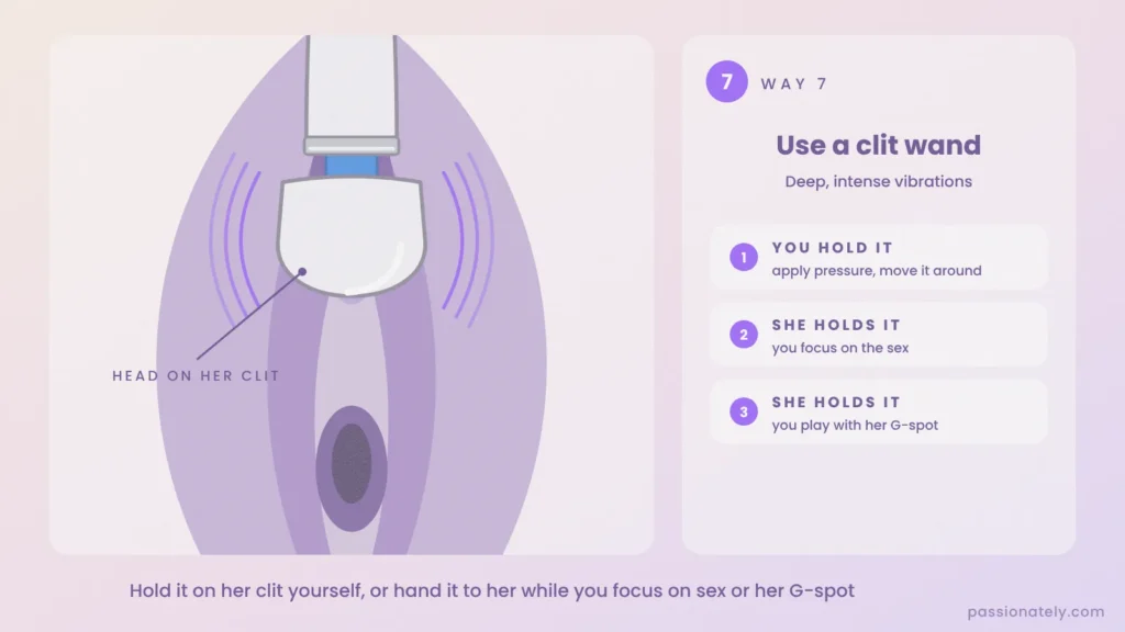 Diagram of a clit wand resting on her clit, with three ways to use it