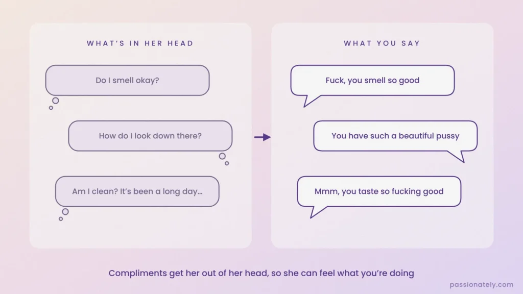 Her worries in thought bubbles next to compliments in speech bubbles that help her relax during oral sex