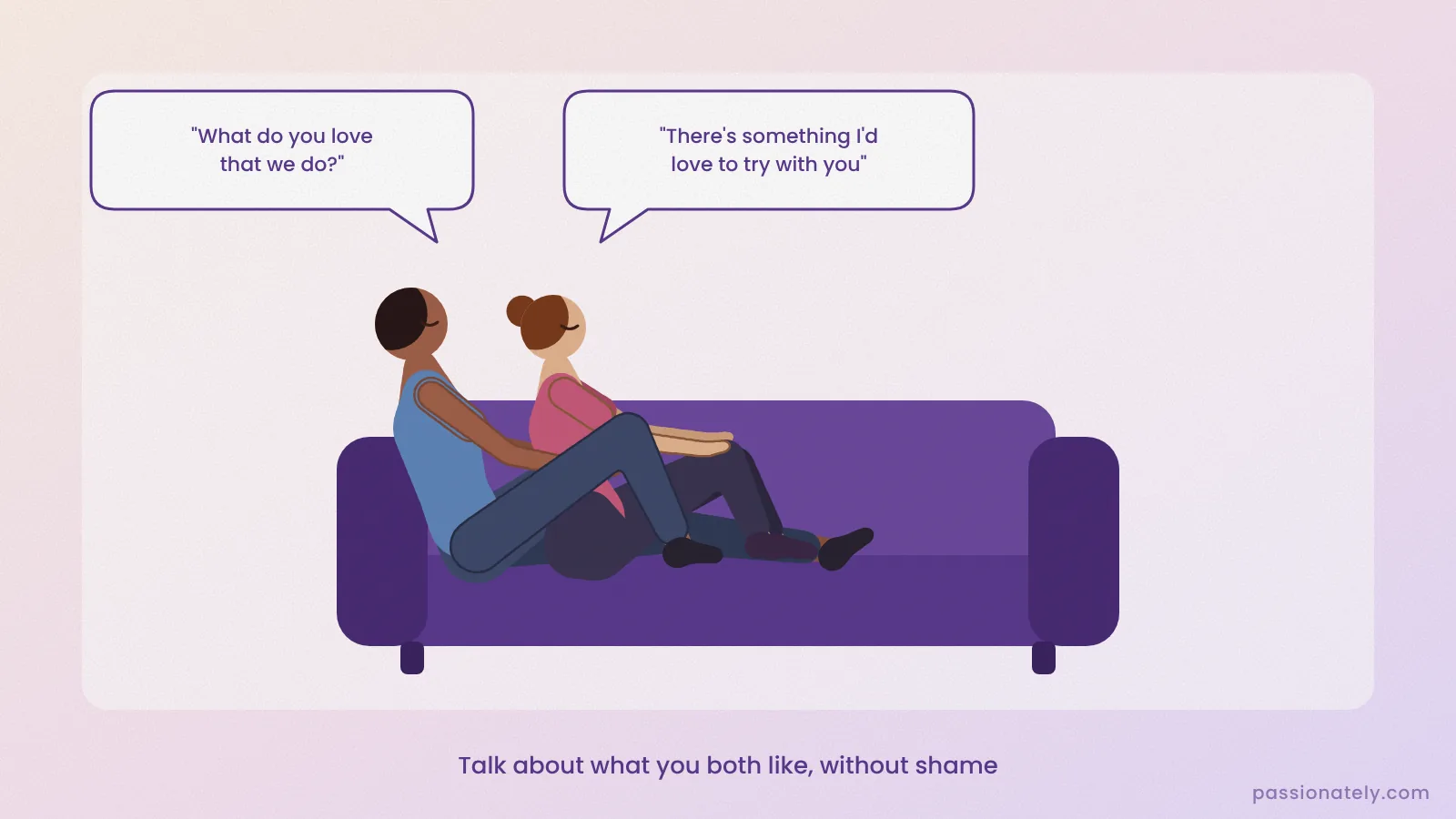 Illustration of a couple cuddling on the couch, her sitting between his legs, talking about their sex life