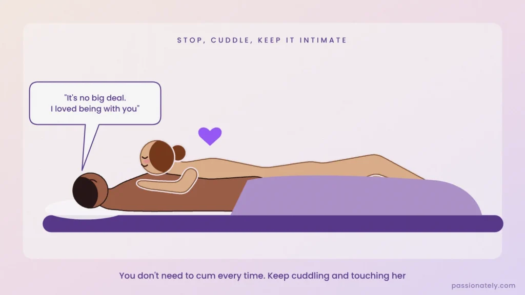 Illustration of a couple cuddling in bed after stopping sex, him saying it is no big deal