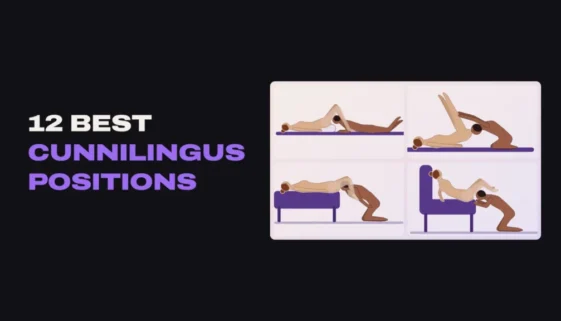 Four illustrations of cunnilingus positions: a pillow under her bum, her legs raised up, the edge of the bed and semi-seated on a couch