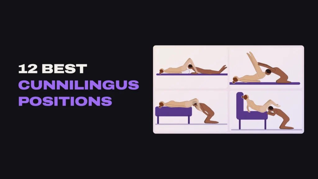 Four illustrations of cunnilingus positions: a pillow under her bum, her legs raised up, the edge of the bed and semi-seated on a couch