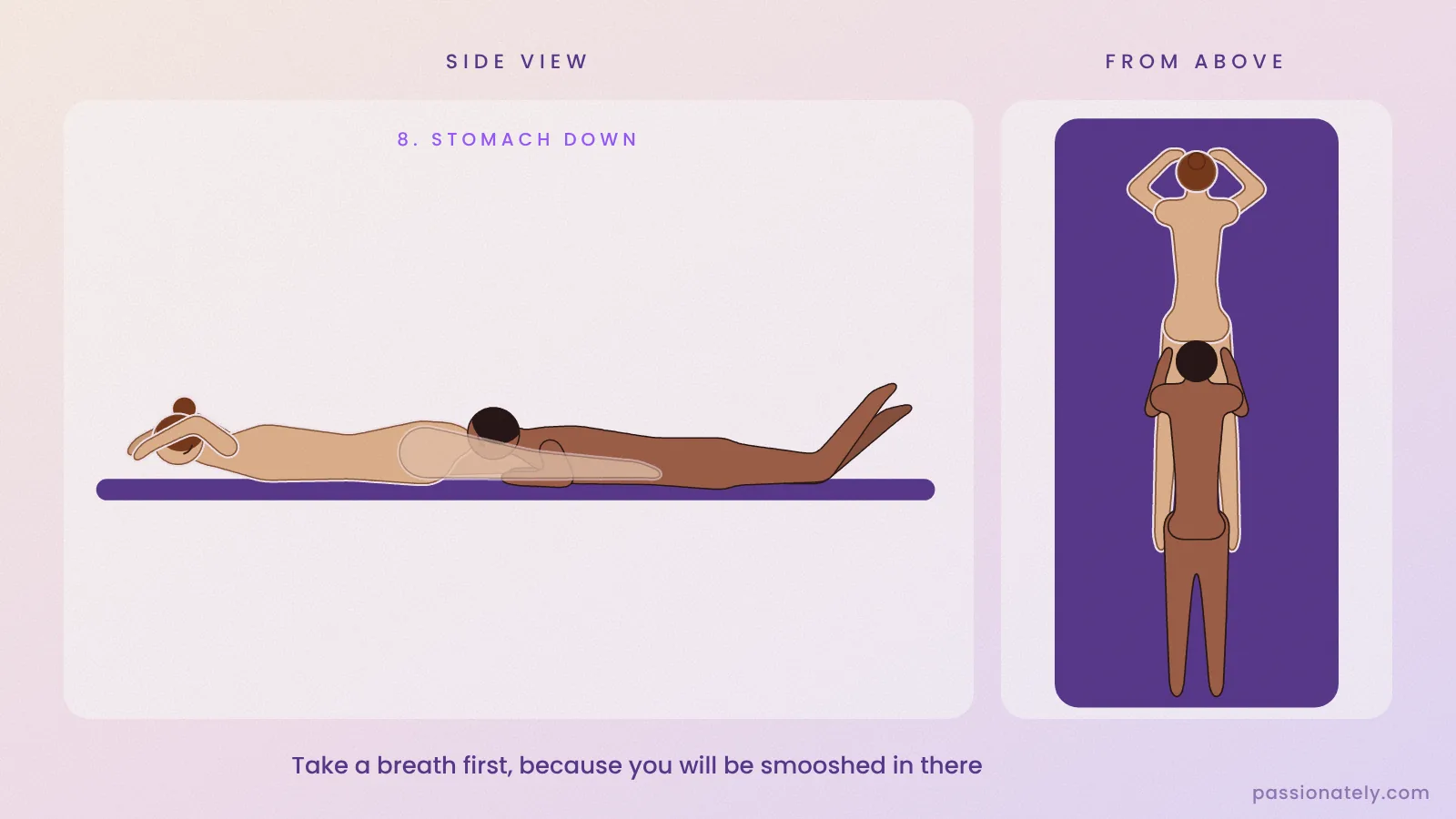 Illustration of her lying on her stomach while he lies behind her and goes down on her