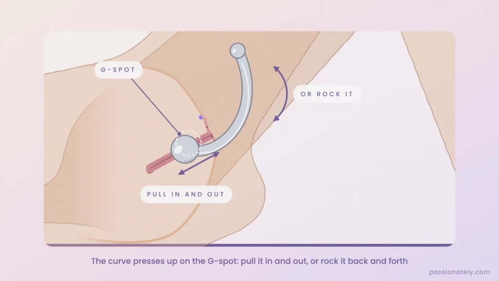 Cut-through diagram of a curved G-spot wand inside the vaginal canal pressing on the G-spot, pulled in and out or rocked