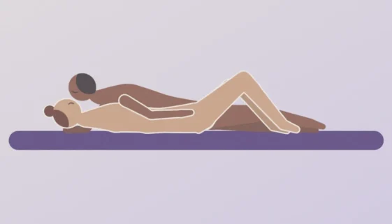 Illustration of a couple lying together on a bed, him leaning in close to speak softly in her ear