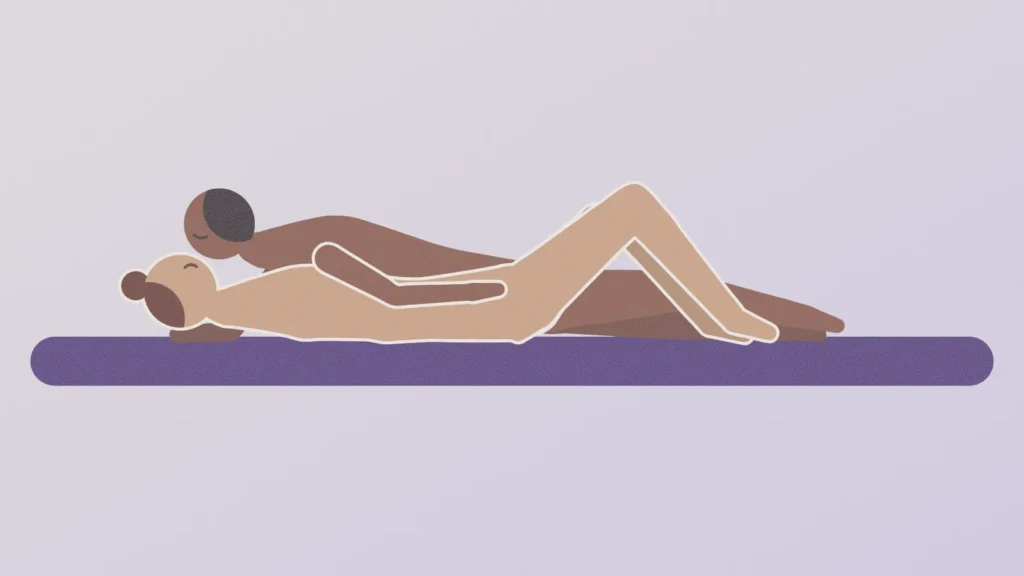 Illustration of a couple lying together on a bed, him leaning in close to speak softly in her ear