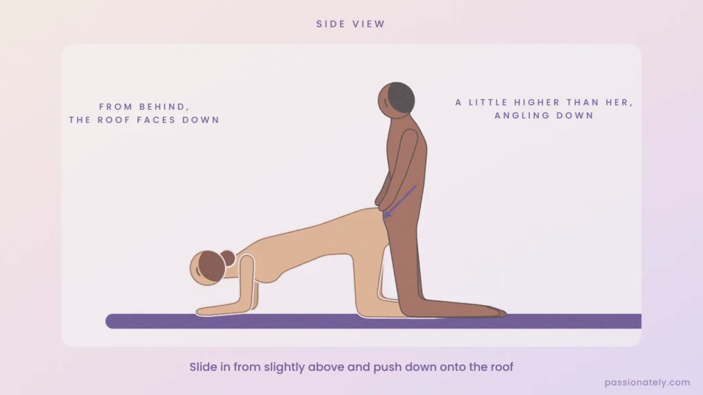 Side view of doggy style with the man slightly higher than her, angling down onto the roof of her vagina