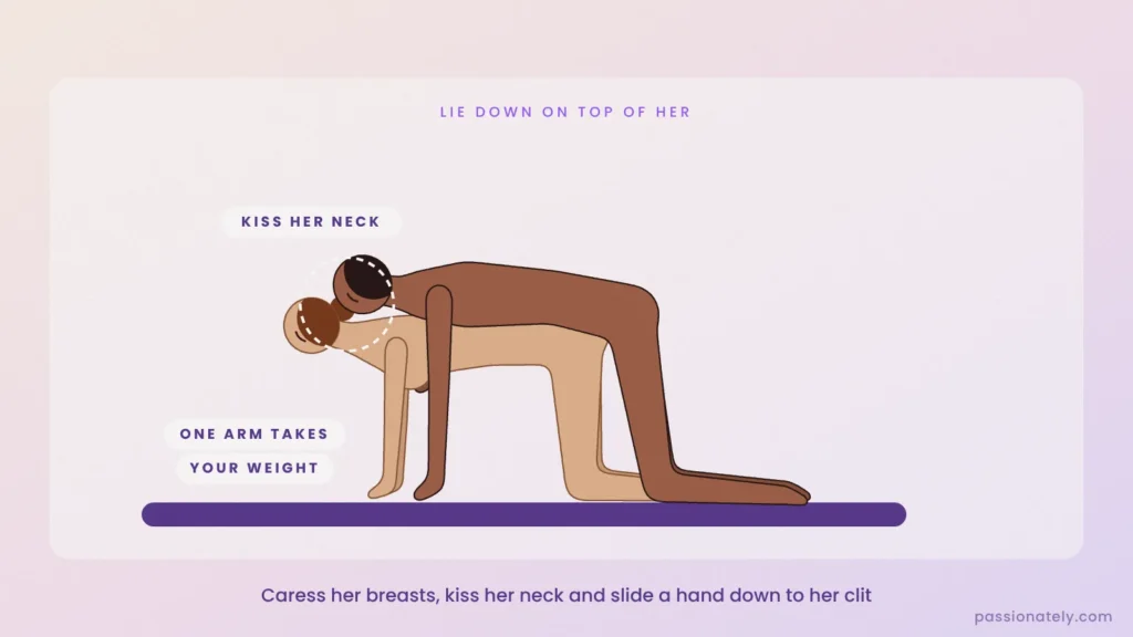 Illustration of him lying on top of her in doggystyle, one arm on the bed, kissing her neck