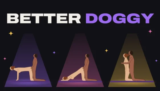 Illustration of three doggystyle variations: classic, head down and kneeling upright