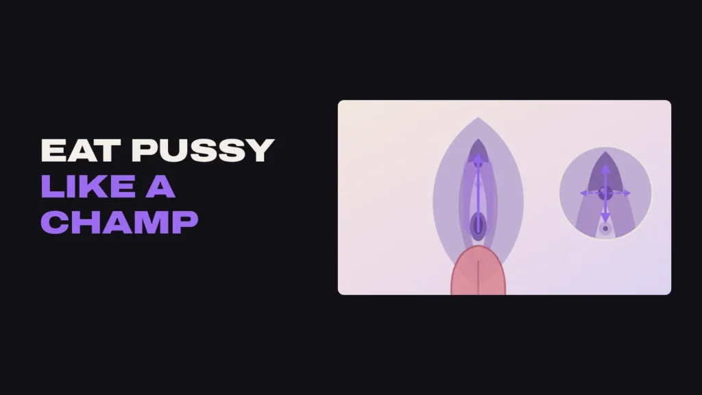 Title card for How To Eat Pussy Like A Champ with a diagram of a flat tongue licking up the vulva