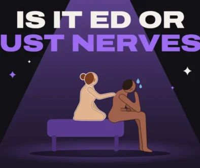 Illustration of a nervous man sitting on the edge of a bed with his head in his hand while his partner kneels behind him with a hand on his back