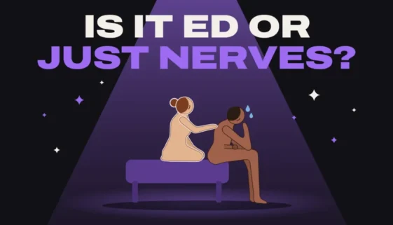 Illustration of a nervous man sitting on the edge of a bed with his head in his hand while his partner kneels behind him with a hand on his back
