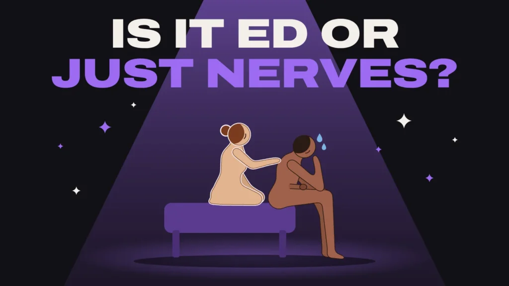 Illustration of a nervous man sitting on the edge of a bed with his head in his hand while his partner kneels behind him with a hand on his back