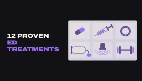 Illustration of common ED treatments: a pill, an injection, a constriction ring, a vacuum pump, a shockwave device and a dumbbell