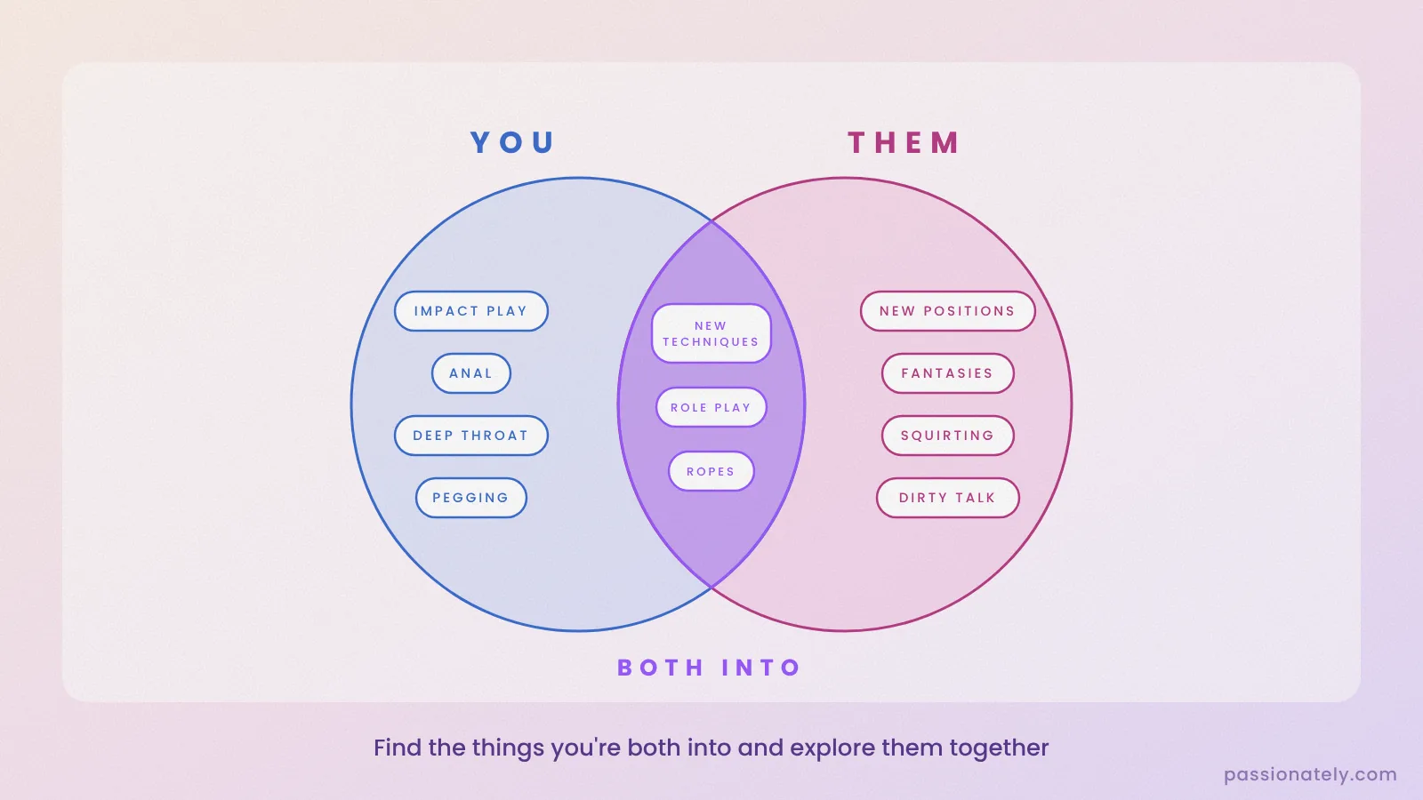 Venn diagram of things you are into, things your partner is into, and the things you are both into