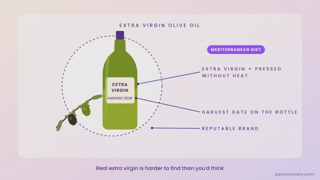 Illustration of an extra virgin olive oil bottle with a harvest date and an olive branch