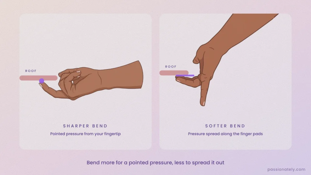 Two hands compared: a sharper bend puts pointed pressure on the roof with the fingertip, a softer bend spreads pressure along the finger pads