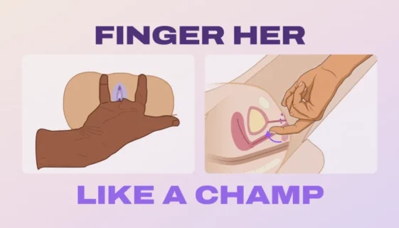 Title card: finger her like a champ, with a front view of two fingers inside and a side view of the come-here motion
