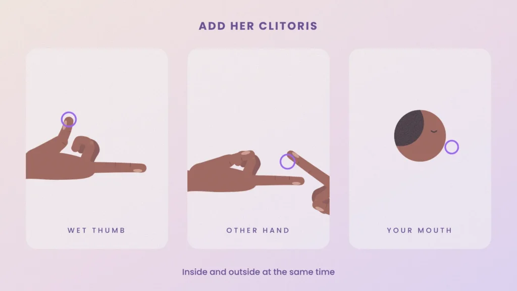 Diagram of three ways to add clitoral stimulation: wet thumb, other hand, or mouth