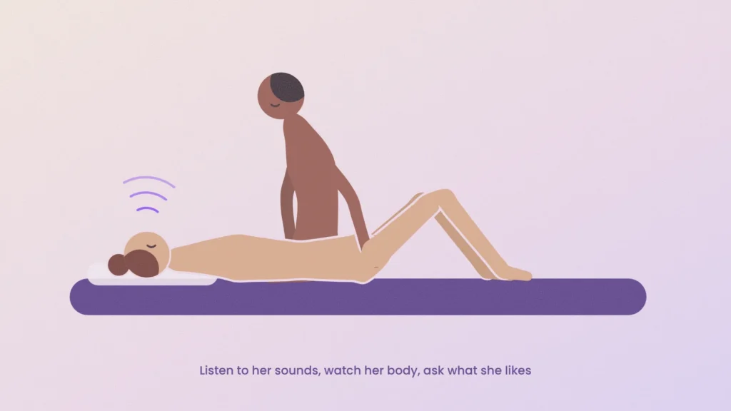 Illustration of a man beside his partner, paying attention to her sounds and reactions