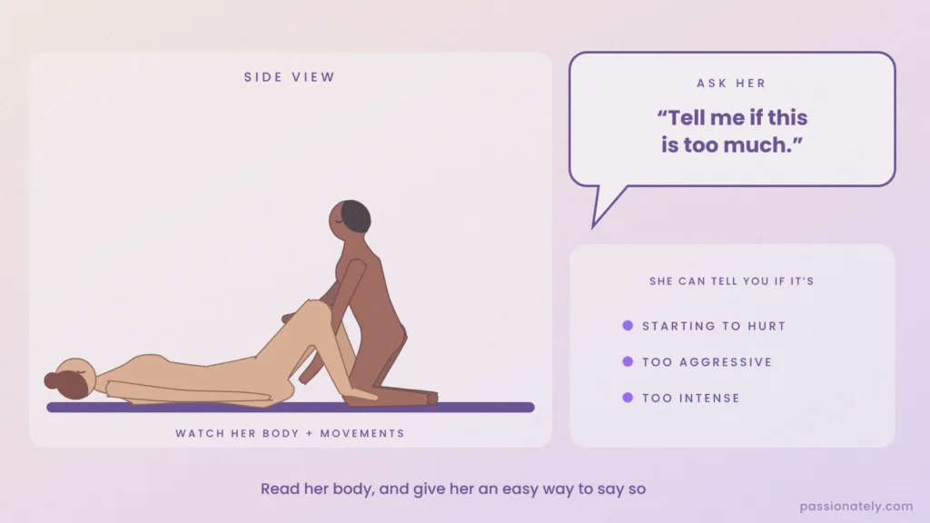 Illustration of a woman on her back with her partner kneeling between her legs, with the line “Tell me if this is too much”