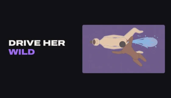 Title card: drive her wild, with an illustration from above of a man fingering a woman lying on her back as she squirts