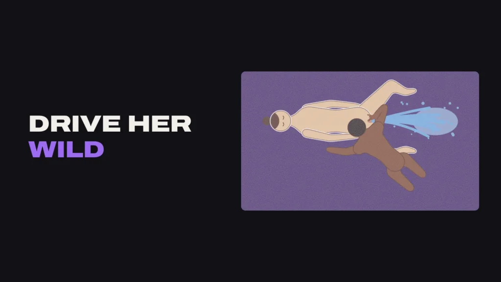 Title card: drive her wild, with an illustration from above of a man fingering a woman lying on her back as she squirts