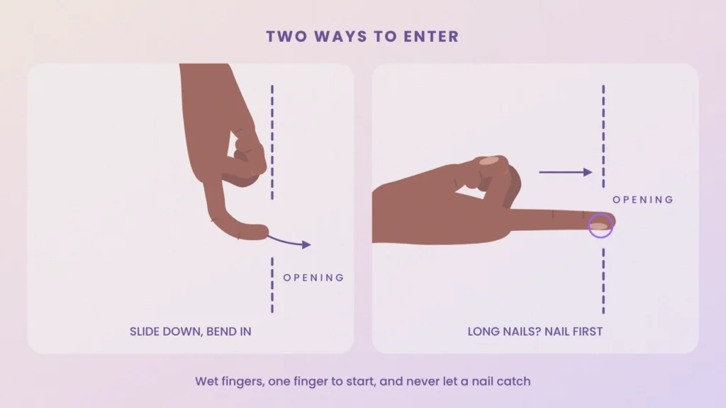 Diagram of two ways to enter with a finger: slide down and bend in, or go nail first with long nails