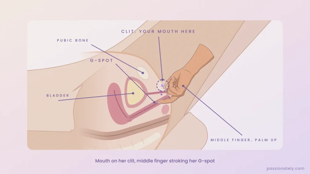 Cross-section showing a middle finger, palm up, on the G-spot while the mouth is on the clitoris