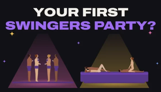 Title card reading Your First Swingers Party? with couples chatting in underwear and couples on shared beds under spotlights