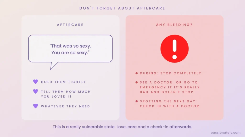 Aftercare: hold them tightly and tell them how much you loved it; any bleeding means stop and see a doctor