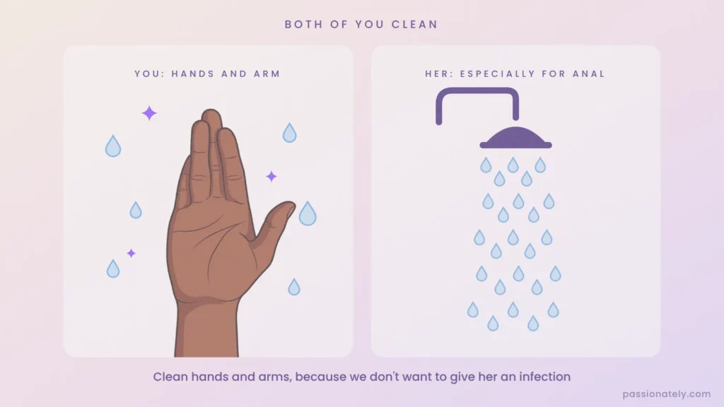Illustration of clean hands and arms with water drops, and a shower for the receiving partner