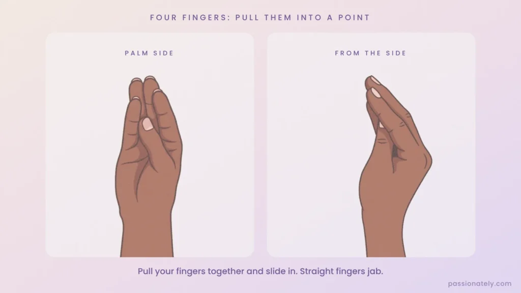 Four fingers pulled together into a point, from the palm side and from the side