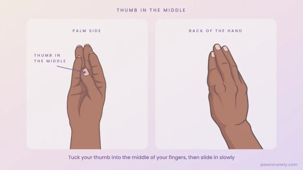 Hand with the thumb tucked into the middle of the fingers, palm side and back of the hand